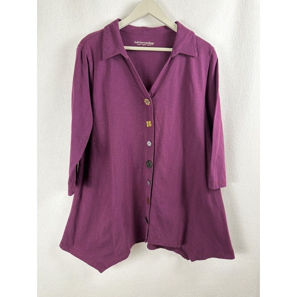 Soft Surroundings Danielle Button 3/4 Sleeve Tunic Plum Purple Sharkbite Sz L